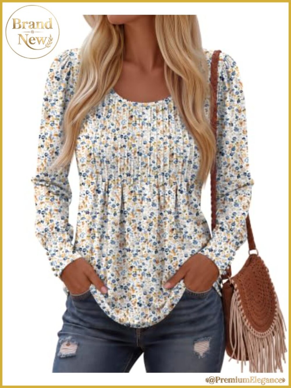Women's Long Puff Sleeve Tunic Pleated Flowy Boho Dressy Casual Top